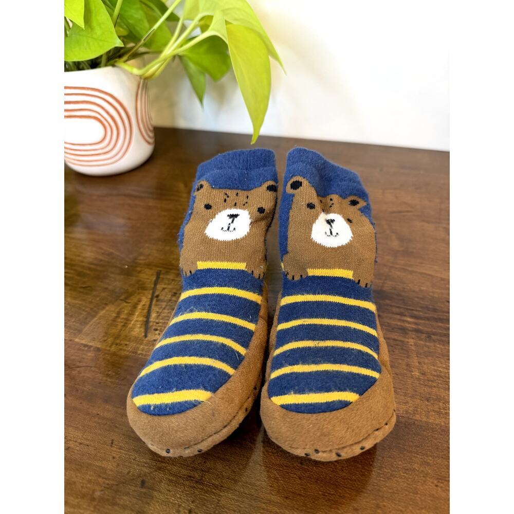 Toddler Bear Slipper Socks Non Slip Soft Sole House Shoes Blue Yellow Striped